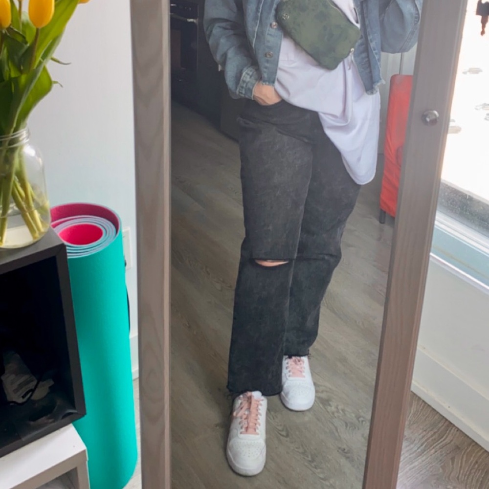 Extra High Rise Straight Leg Black Ripped Jeans - Picture 2 of 5